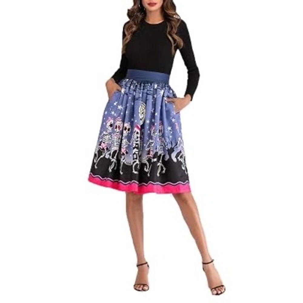 Gothic Lolita Halloween Skeleton Print A-Line Midi Skirt Blue Black Pockets
